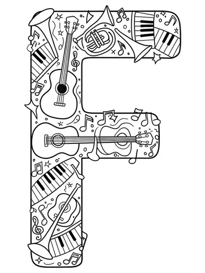 Letter F with surrounding music notes and instrument designs for adult coloring