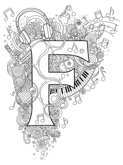 Letter F decorated with intricate music festival elements and sound waves for teens