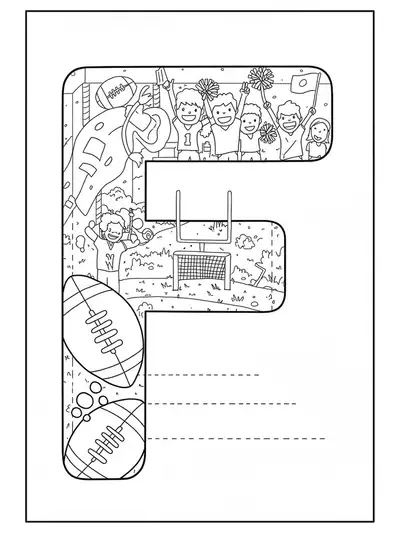 Letter F with footballs, goalpost, and fans for coloring