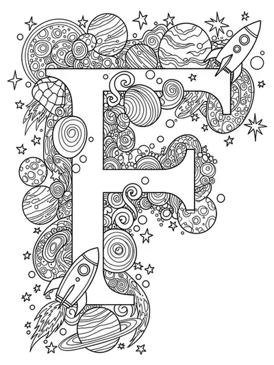 Letter F featuring intricate galaxies, planets, and stars for space-loving teens
