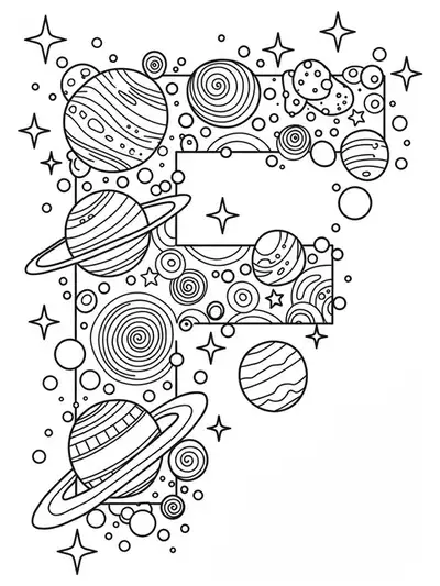 Letter F with planets, stars, and cosmic patterns for adult coloring