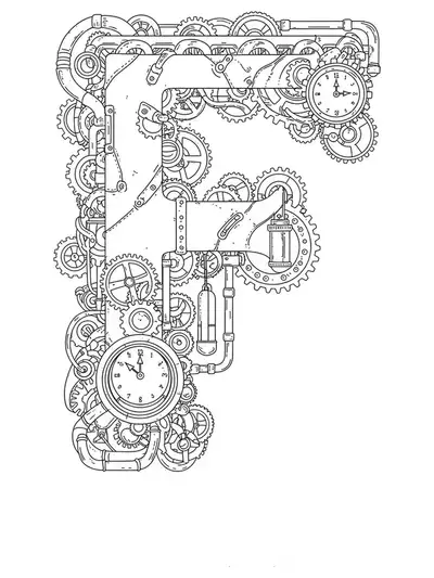Letter F filled with detailed steampunk gears and machinery for teens