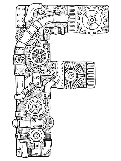 Steampunk themed letter F with gears and mechanical motifs for adult coloring