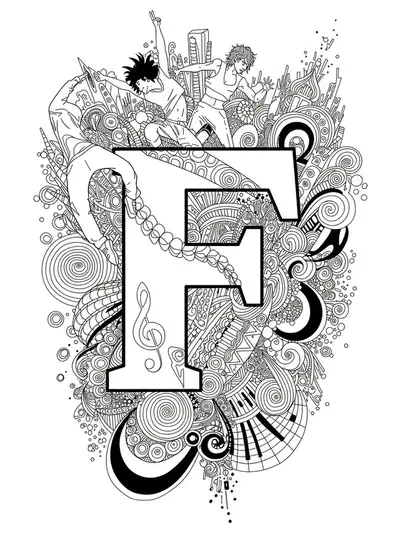 Letter F surrounded by street dance silhouettes, music notes, and swirling urban patterns for teens