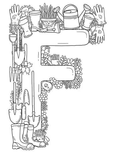 Letter F with simple gardening tool outlines, easy adult coloring page.