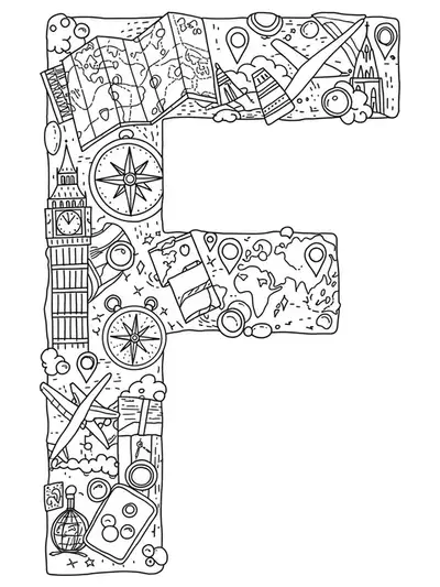 Letter F surrounded by travel icons like maps, compasses, and landmarks for adult coloring