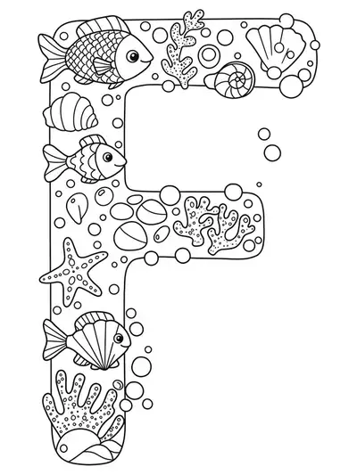 Letter F with fish, seashells, and bubbles in an underwater scene