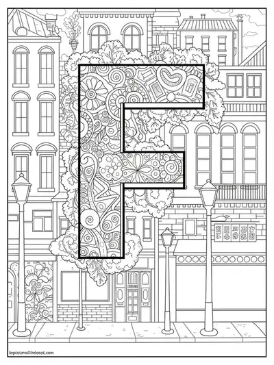 Letter F integrated into an urban cityscape with buildings and streets for adult coloring