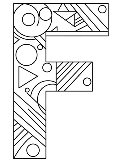 Letter F with simple geometric shapes, easy and bold coloring design for adults.