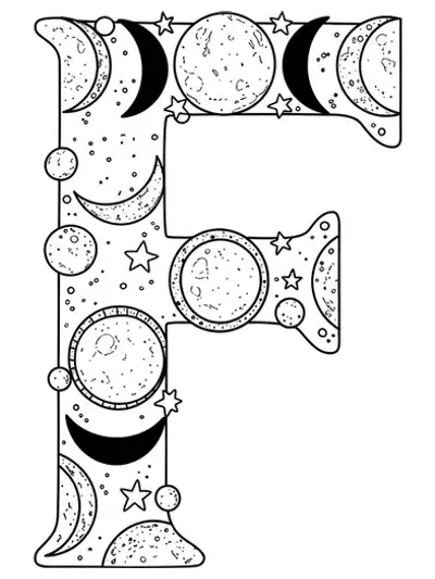 Letter F with simple moons and stars outlines, easy adult celestial coloring page.