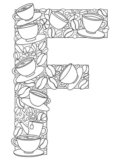 Letter F with simple coffee and tea cup outlines, easy coloring page for adults.