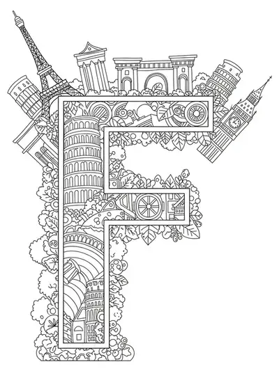 Letter F surrounded by medium-detail representations of famous landmarks like the Eiffel Tower, Big Ben, and the Great Wall, black and white line art