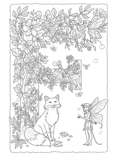 Letter F with mythical forest creatures such as foxes, faeries, and fireflies, set in a leafy woodland scene, medium detail line art