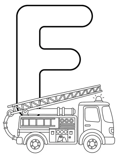 Letter F with a simple, cartoon-style firetruck for preschool coloring.