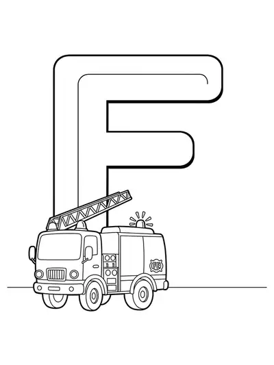 Letter F coloring page with a firetruck and emergency lights for preschool