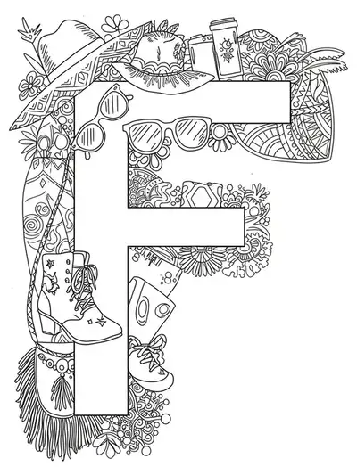 Letter F surrounded by festival fashion items like hats, sunglasses, boots, and bags, medium detailed line art