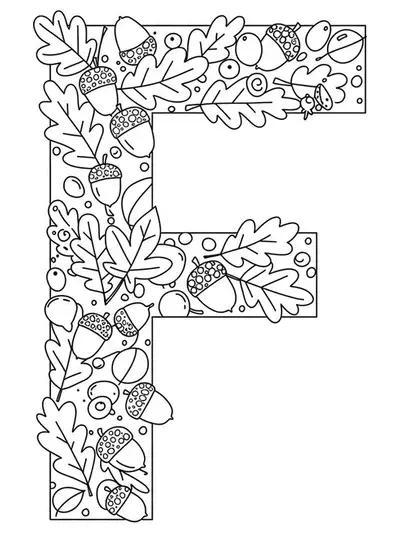 Letter F with fall leaves and acorns for easy coloring