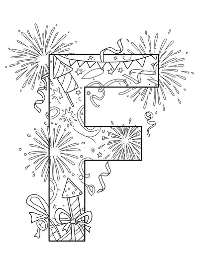 Letter F surrounded by medium-detailed fireworks for coloring