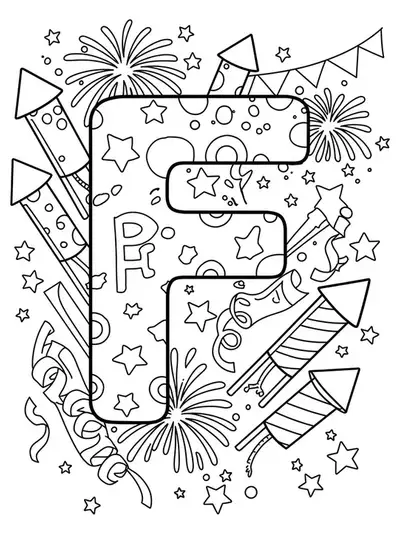 Free letter F coloring page with fireworks and festive celebration elements for preschool