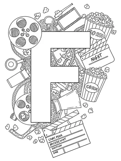 Letter F with medium-detail film reels, popcorn buckets, stars, and clapperboards, black and white line art