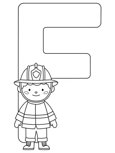 Letter F with a simple firefighter cartoon character for easy preschool coloring.
