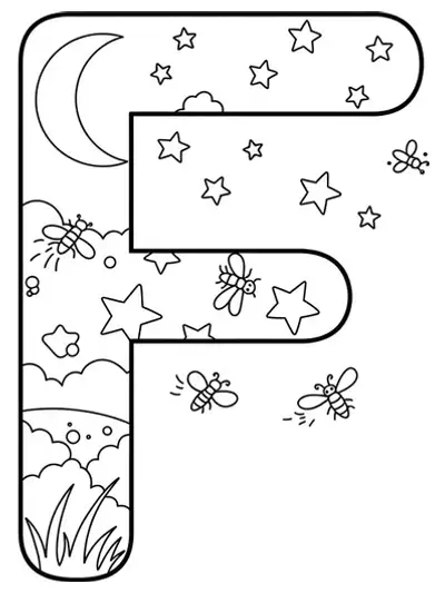 Printable letter F coloring page with fireflies, moon, and stars for preschool