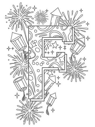 Letter F decorated with medium-detail fireworks bursts, festival lanterns, and sparkling stars, black and white line art