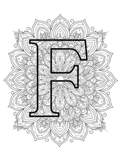 Letter F centered within a medium-detail floral mandala, surrounded by intertwining flowers and petals, black and white line art