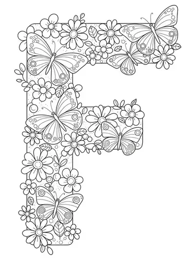 Letter F with butterflies and flowers for easy coloring