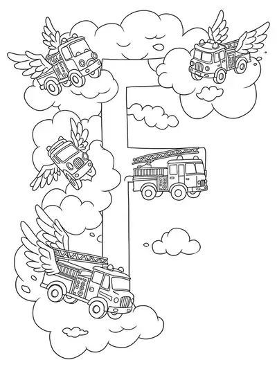 Letter F with flying fire trucks and clouds for coloring