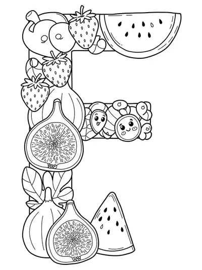 Printable letter F coloring page with figs, strawberries, and watermelon for preschool