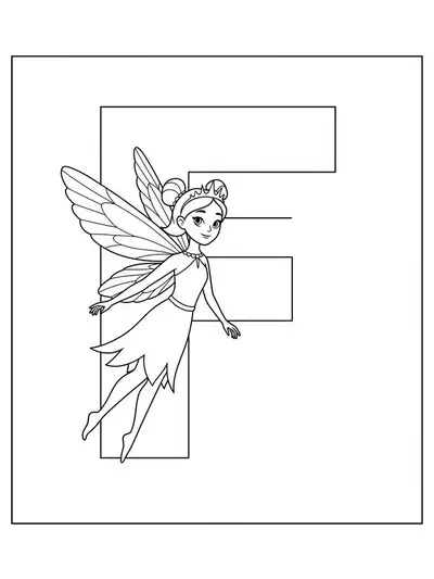 Letter F with a simple fairy character next to it for easy coloring by preschoolers.