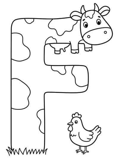 Letter F with simple outlines of a cow and a chicken next to it for easy preschool coloring.