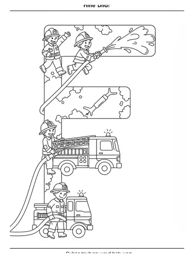 Letter F coloring page with firefighters, fire truck, and hose for preschool