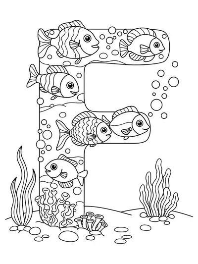 Letter F coloring page with fish, seaweed, and bubbles underwater for preschool