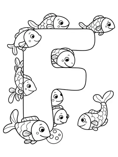 Letter F with simple cartoon fish swimming around it, designed for easy preschool coloring.