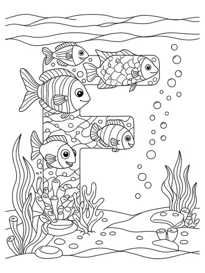 Letter F with fish, seaweed, and ocean bubbles for coloring