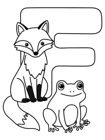 Letter F surrounded by a fox and a frog, outlined for easy coloring