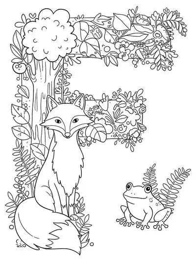 Letter F surrounded by fox, frog, and forest plants for coloring