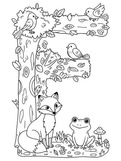 Printable letter F coloring page with a fox, frog, and birds in a forest setting for preschool