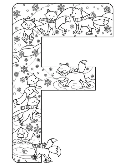 Letter F with ice-skating foxes and snowflakes for coloring