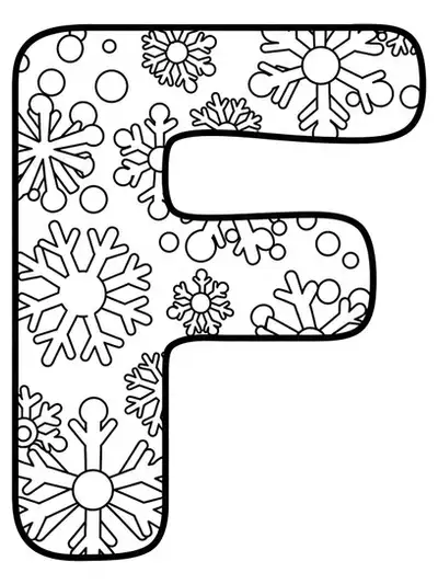Letter F with a few large, simple snowflakes for easy preschool coloring.