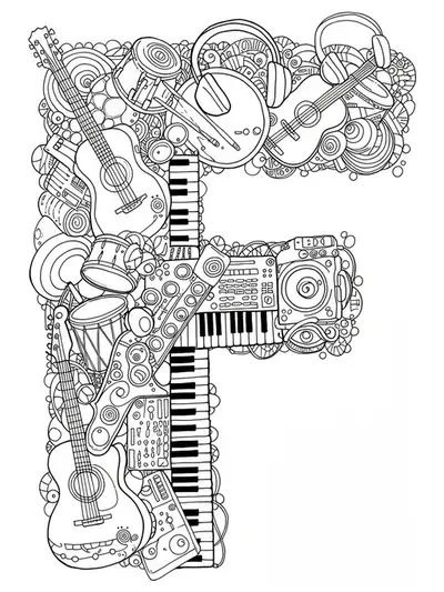 Letter F surrounded by musical instruments like guitars, drums, keyboards, and headphones, medium detail black and white line art