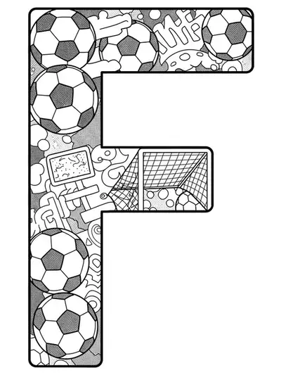 Letter F with street art graffiti effects, soccer balls, and goalposts, all in medium detail black and white line art