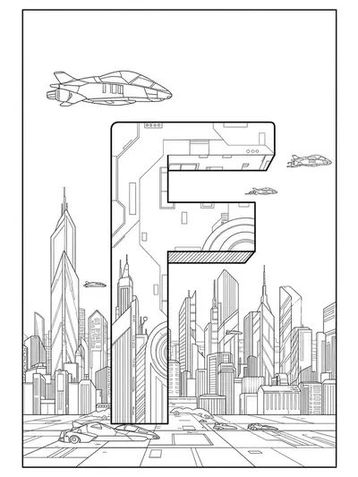 Letter F surrounded by futuristic buildings, flying vehicles, and city elements in medium detail, black and white line art
