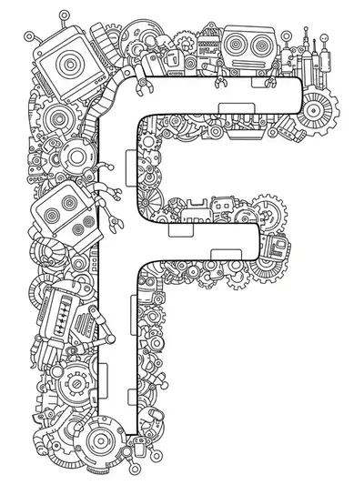 Letter F surrounded by medium-detail futuristic robot figures, gears, and tech elements in black and white line art