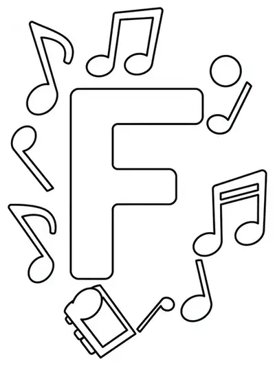 Letter F coloring page with music notes, simple outlines for adults.