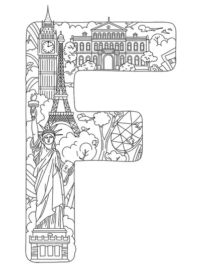 Letter F with iconic travel landmarks in simple outlines, easy adult coloring page.