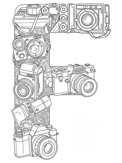 Letter F with vintage camera outlines, easy adult coloring page.