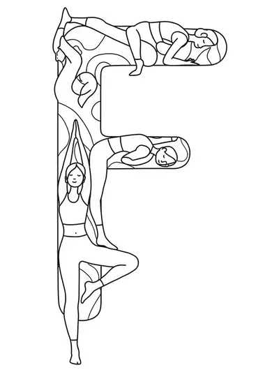Letter F with simple yoga pose outlines, easy adult coloring page.